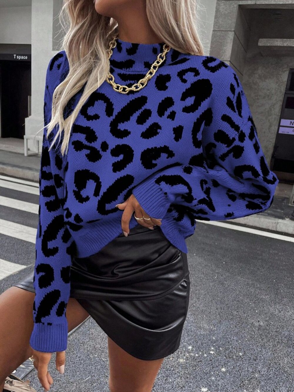 blue Casual Women's Leopard Print Crew Neck Long Sleeve Pullover Sweater